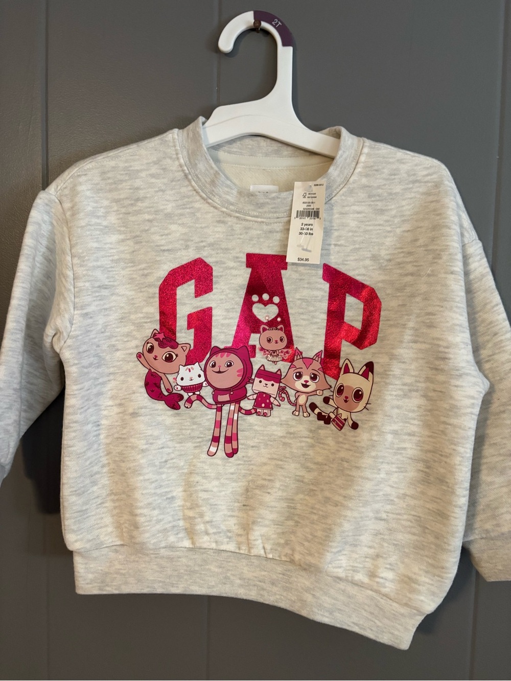 GAP Kids Light Gray Sweatshirt with Bright Pink Logo and Characters